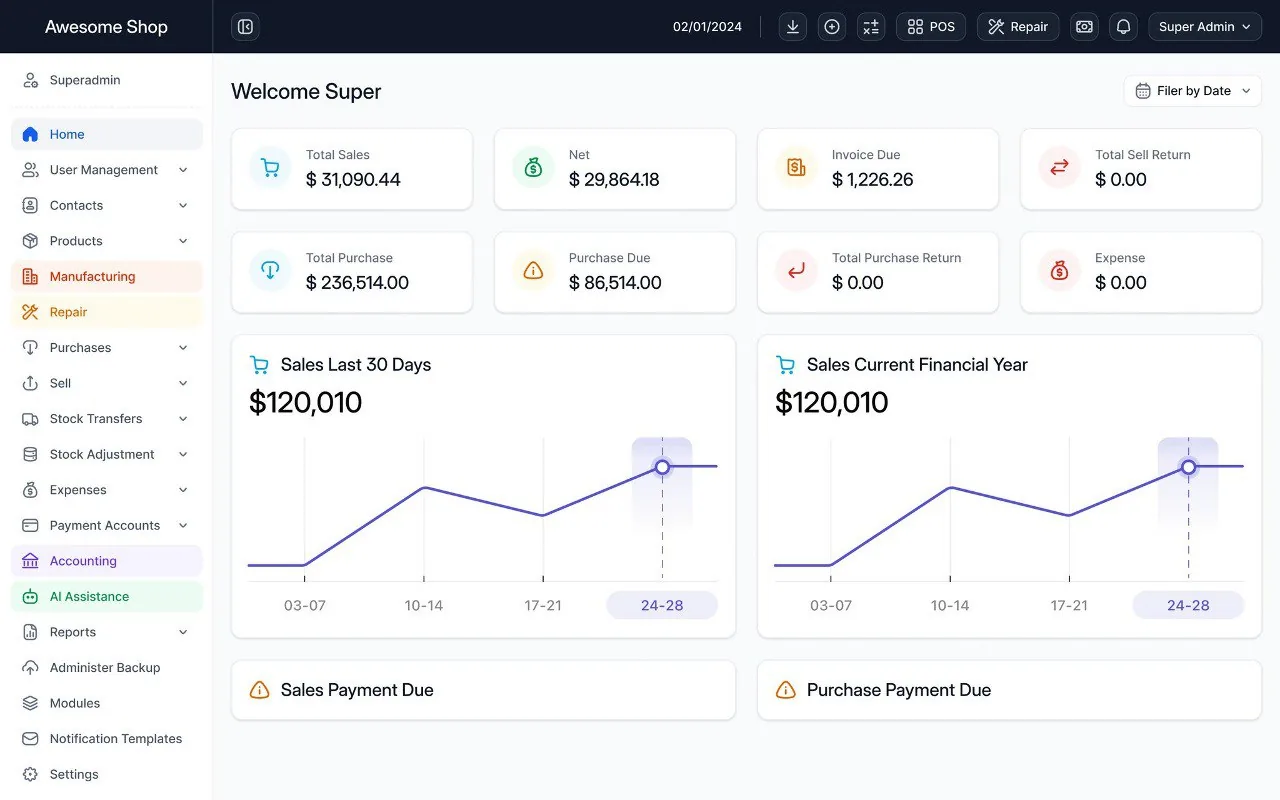 NeraPOS dashboard for sales inventory and accounting